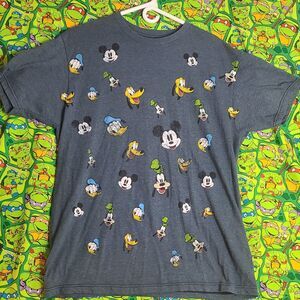 DIsney Shirt L Blue Gray Mickey Character Heads Short Sleeve Tee